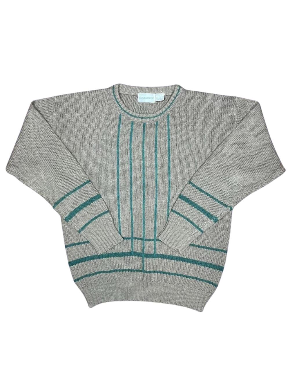 Vintage 80s 90s Stockbridge Wool Blend Sweater Gray Teal Striped Knit Size Large
